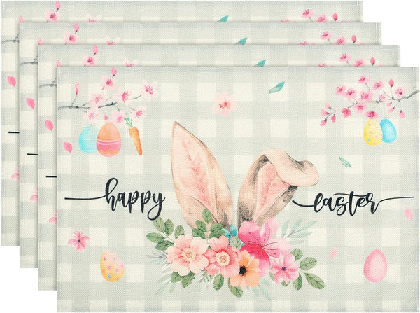 Set of 4 Cotton Linen Table Place Mats Placemats 45 x 30cm Happy Easter Rabbit