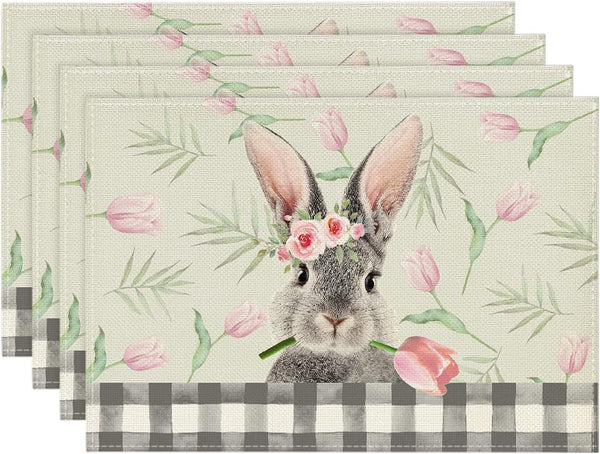 Set of 4 Cotton Linen Table Place Mats Placemats 45 x 30cm Floral Bunny Rabbit