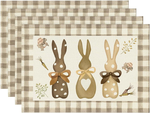 Set of 4 Cotton Linen Table Place Mats Placemats 45 x 30cm Easter Bunnies Brown