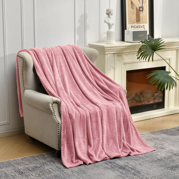 Soft Flannel Jacquard Weave Throw Blanket Rug 152 x 127cm Pink