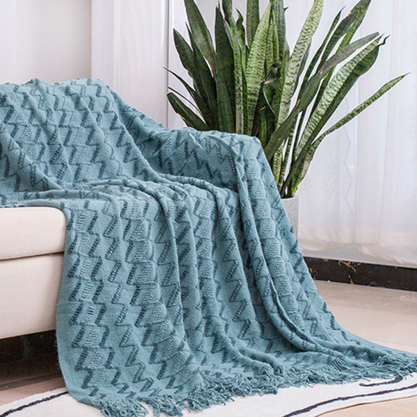 Modern Knitted Throw Blanket Tassels 130 x 230cm Blue Zig Zag