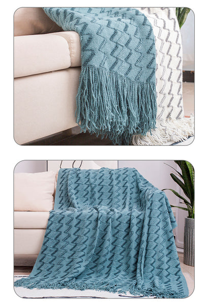 Modern Knitted Throw Blanket Tassels 130 x 230cm Blue Zig Zag
