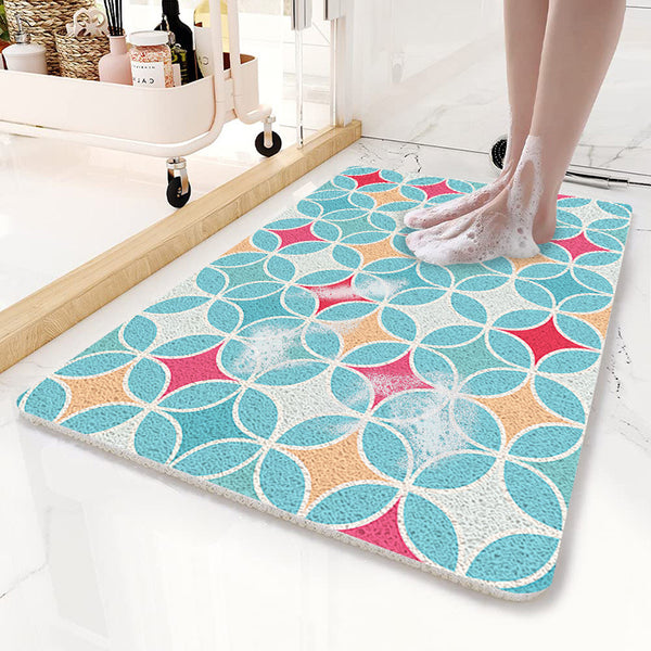 Loofah Style Non Slip PVC Bath Mat 80 x 50cm Geometric Circles Blue