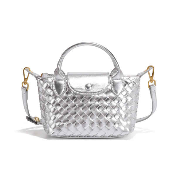 Woven Faux PU Leather Crossbody Shoulder Dumpling Bag Handbag Silver