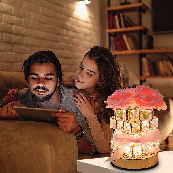 Rose Crystal Cube LED Table Bedside Lamp Light USB Rechargeable Touch Control Pink
