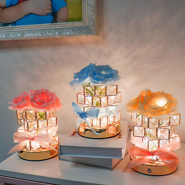 Rose Crystal Cube LED Table Bedside Lamp Light USB Rechargeable Touch Control Pink