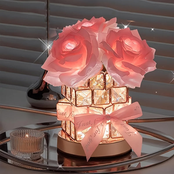 Rose Crystal Cube LED Table Bedside Lamp Light USB Rechargeable Touch Control Pink