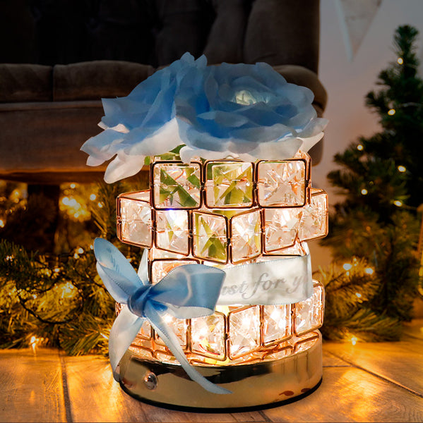 Rose Crystal Cube LED Table Bedside Lamp Light USB Rechargeable Touch Control Blue
