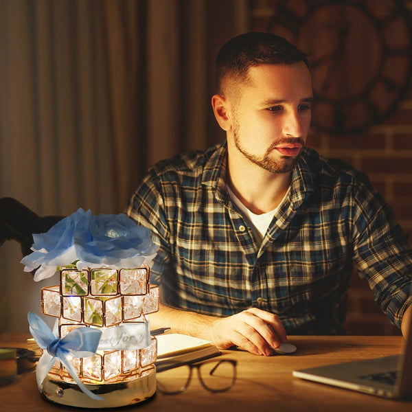 Rose Crystal Cube LED Table Bedside Lamp Light USB Rechargeable Touch Control Blue