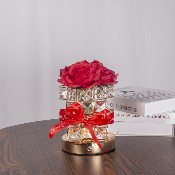 Rose Crystal Cube LED Table Bedside Lamp Light USB Rechargeable Touch Control Red