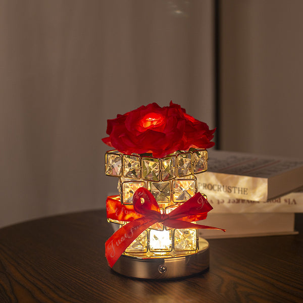Rose Crystal Cube LED Table Bedside Lamp Light USB Rechargeable Touch Control Red