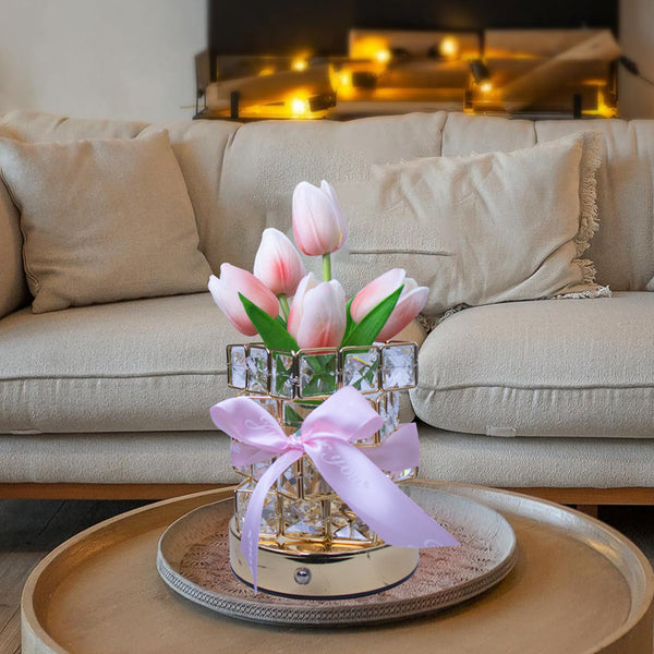 Tulip Crystal Cube LED Table Bedside Lamp Light USB Rechargeable Touch Control Pink