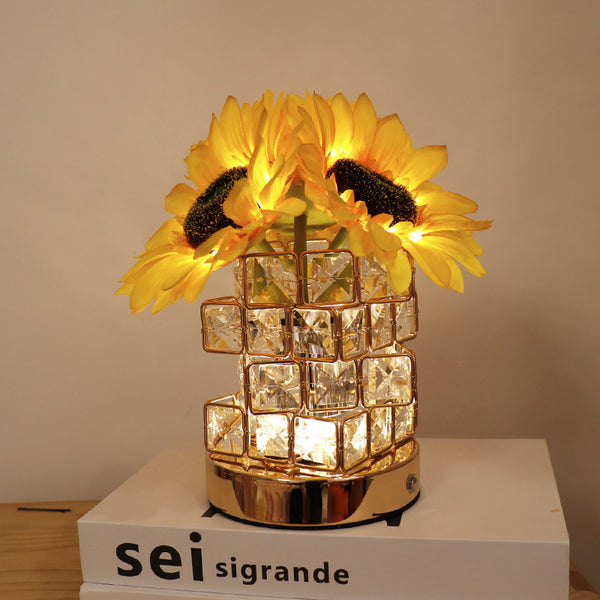 Sunflower Crystal Cube LED Table Bedside Lamp Light USB Rechargeable Touch Control