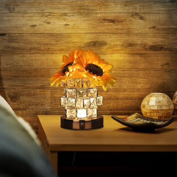 Sunflower Crystal Cube LED Table Bedside Lamp Light USB Rechargeable Touch Control