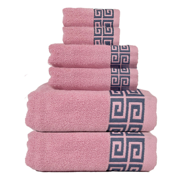 6 Piece Bath Hand Towel Facecloth Washcloth Set 430gsm Greek Key Pink