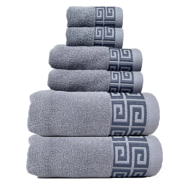 6 Piece Bath Hand Towel Facecloth Washcloth Set 430gsm Greek Key Grey