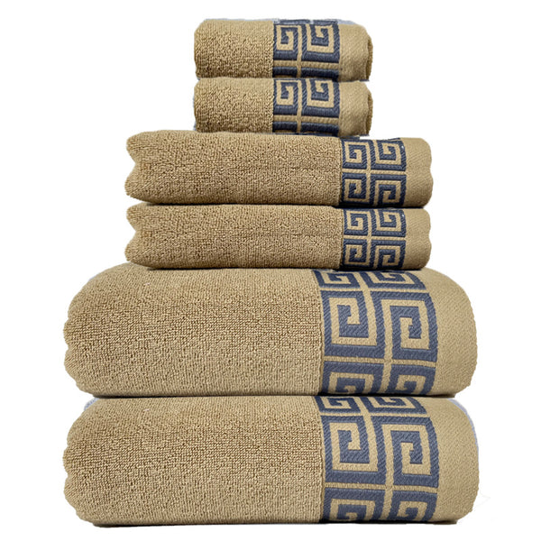 6 Piece Bath Hand Towel Facecloth Washcloth Set 430gsm Greek Key Khaki Brown