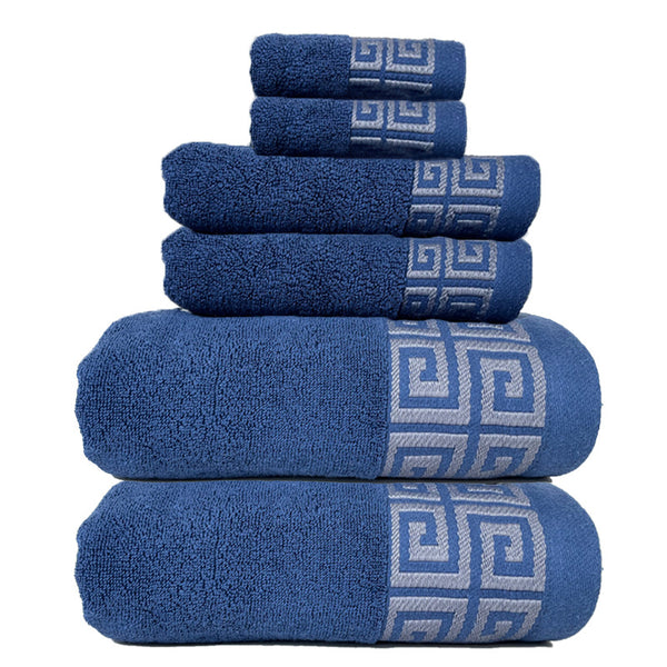 6 Piece Bath Hand Towel Facecloth Washcloth Set 430gsm Greek Key Blue