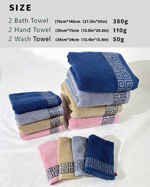 6 Piece Bath Hand Towel Facecloth Washcloth Set 430gsm Greek Key Blue