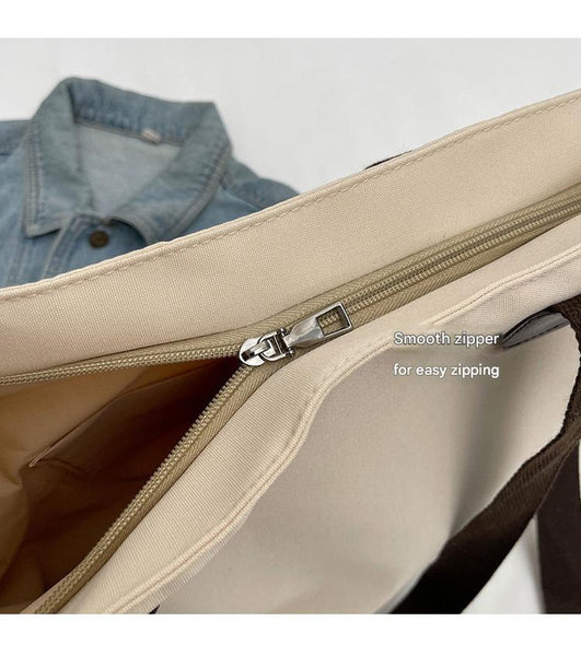 Canvas Tote Shoulder Bag Detachable Strap Multi Pocket Khaki