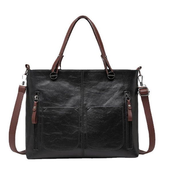 Faux PU Leather Tote Shoulder Bag Detachable Strap Multi Pocket Black