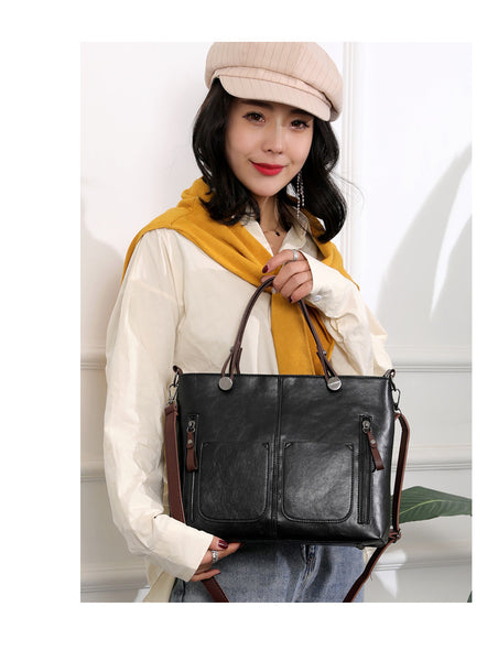 Faux PU Leather Tote Shoulder Bag Detachable Strap Multi Pocket Black