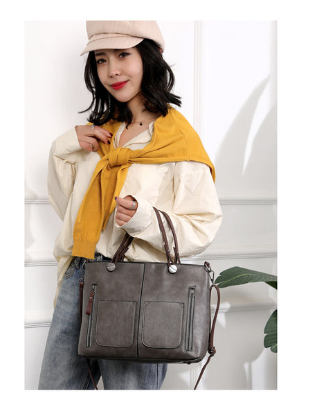 Faux PU Leather Tote Shoulder Bag Detachable Strap Multi Pocket Grey