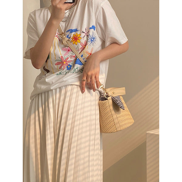Woven Straw Bucket Crossbody Shoulder Bag Gingham Bow Accent Top Handle