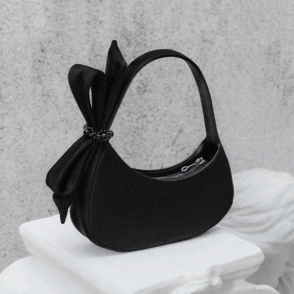 Faux PU Leather Crescent Hobo Underarm Shoulder Bag Handbag Bow Trim Black