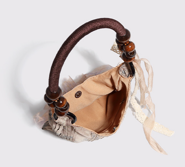 Vintage Style Rose Floral Tote Shoulder Bag 3D Fabric Flowers Wooden Bead Handle