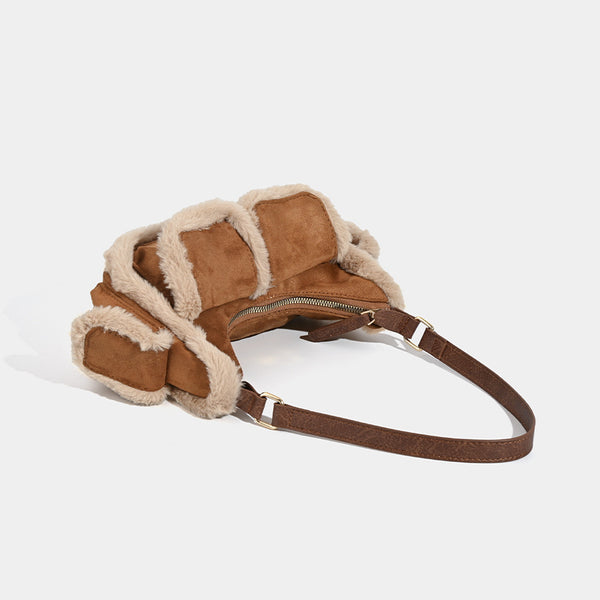 Faux Suede Shearling Trim Hobo Baguette Shoulder Bag Handbag Multi Pocket Brown