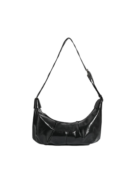 Ruched Faux PU Leather Croissant Dumpling Underarm Shoulder Bag Black