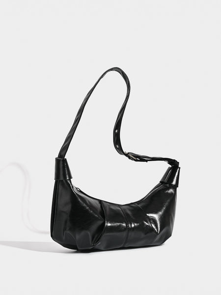 Ruched Faux PU Leather Croissant Dumpling Underarm Shoulder Bag Black