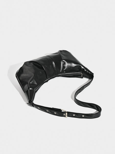 Ruched Faux PU Leather Croissant Dumpling Underarm Shoulder Bag Black