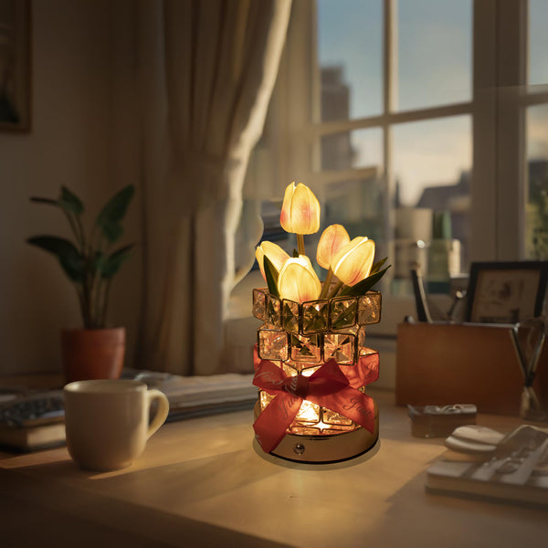 Tulip Crystal Cube LED Table Bedside Lamp Light USB Rechargeable Touch Control Yellow