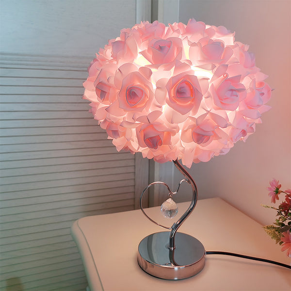 Rose Flower Bouquet Table Lamp Light Chrome Base Crystal Heart Accent Pink