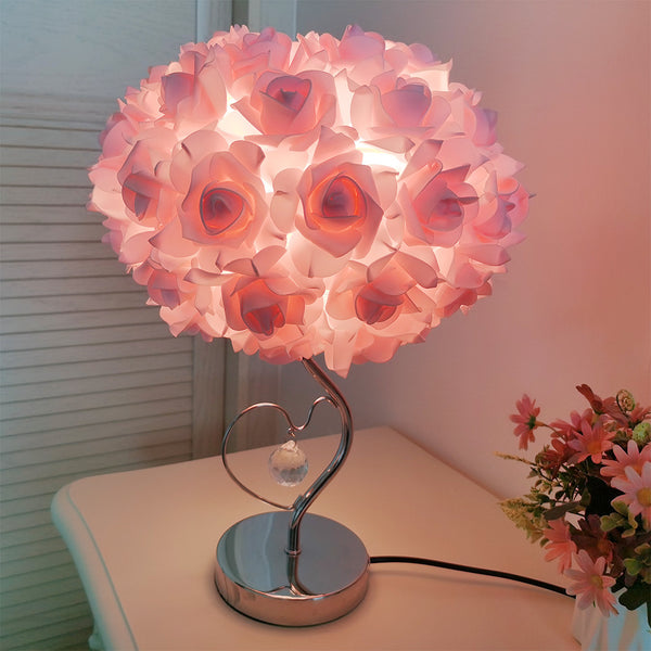 Rose Flower Bouquet Table Lamp Light Chrome Base Crystal Heart Accent Pink