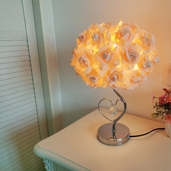 Rose Flower Bouquet Table Lamp Light Chrome Base Crystal Heart Accent Yellow
