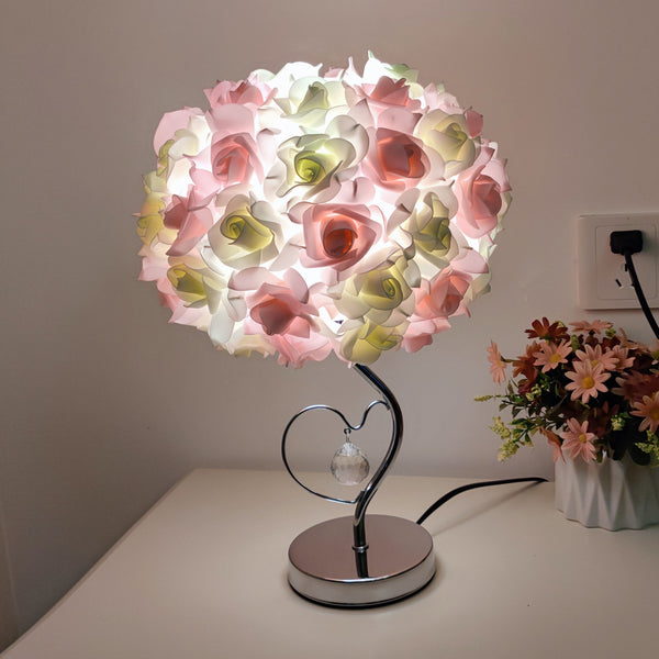 Rose Flower Bouquet Table Lamp Light Chrome Base Crystal Heart Accent Pink Green