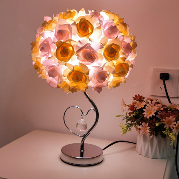Rose Flower Bouquet Table Lamp Light Chrome Base Crystal Heart Accent Pink Yellow