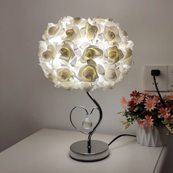Rose Flower Bouquet Table Lamp Light Chrome Base Crystal Heart Accent Beige