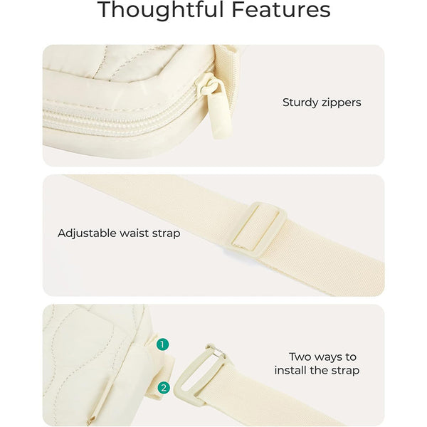 Lightweight Nylon Quilted Belt Waist Crossbody Sling Bag Fanny Pack Off White