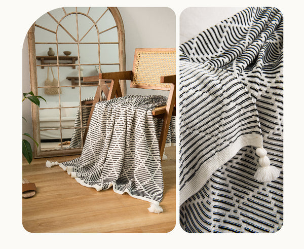 Geometric Diamond Knitted Acrylic Tassel Throw Blanket Rug 130 x 150cm Black Beige