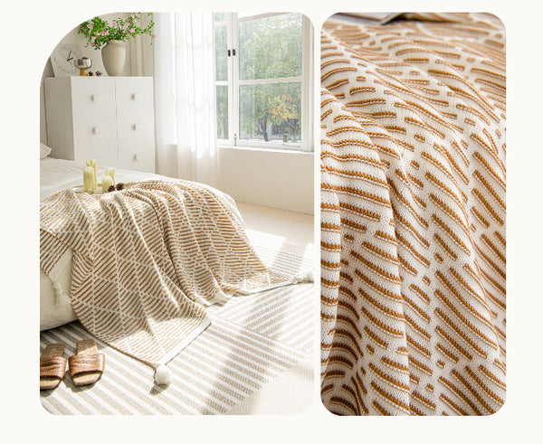 Geometric Diamond Knitted Acrylic Tassel Throw Blanket Rug 130 x 150cm Brown Beige