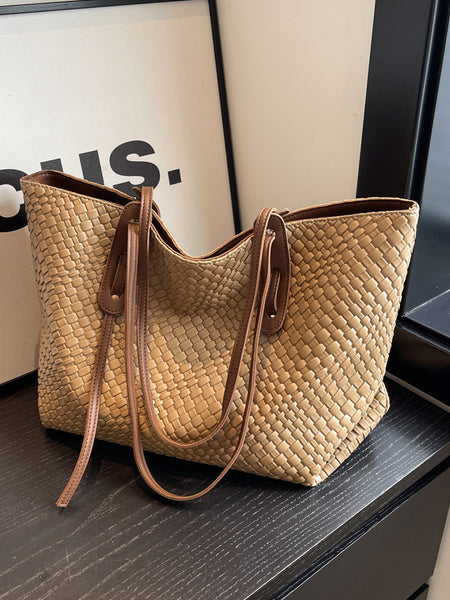 Woven Look Faux PU Leather Tote Shoulder Bag Handbag Zip Closure Khaki Brown
