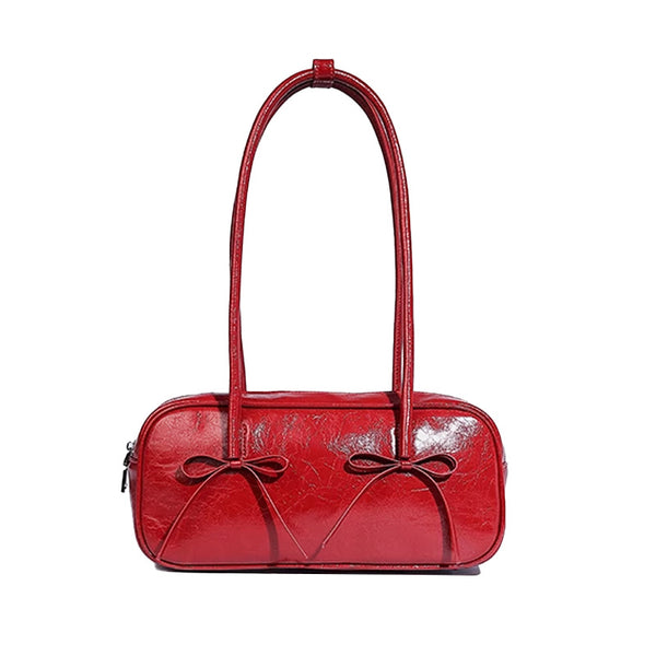 Faux PU Leather Baguette Underarm Shoulder Bag Handbag Bow Accent Red