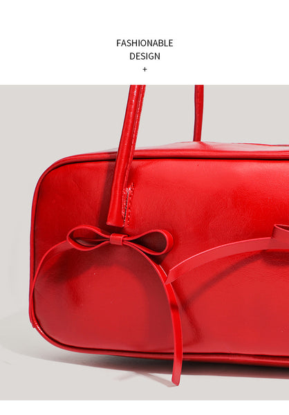 Faux PU Leather Baguette Underarm Shoulder Bag Handbag Bow Accent Red