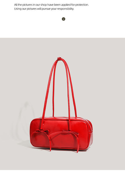 Faux PU Leather Baguette Underarm Shoulder Bag Handbag Bow Accent Red