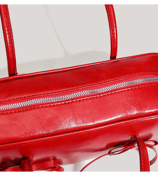 Faux PU Leather Baguette Underarm Shoulder Bag Handbag Bow Accent Red