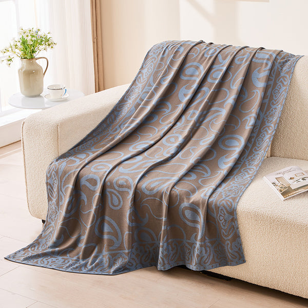Swirl Scroll Jacquard Patterned Throw Blanket Rug 185 x 135cm Brown Blue